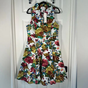 SunnyGirl Mod Floral Button Collared Fit & Flare Dress Linen Blend Size X-Large